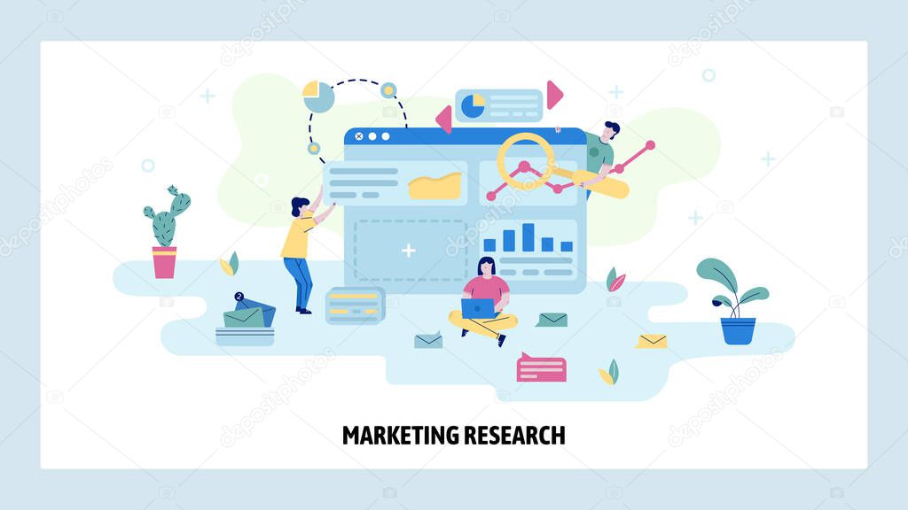 Market research concept illustration. Business development and strategy. Marketing analysis, big data. Vector web site design template