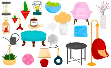 Beyaz arka planda izole edilmiş ev dekorasyonu ve mobilya nesneleri. Ev yapımı aksesuarlar. Vektör illüstrasyonu