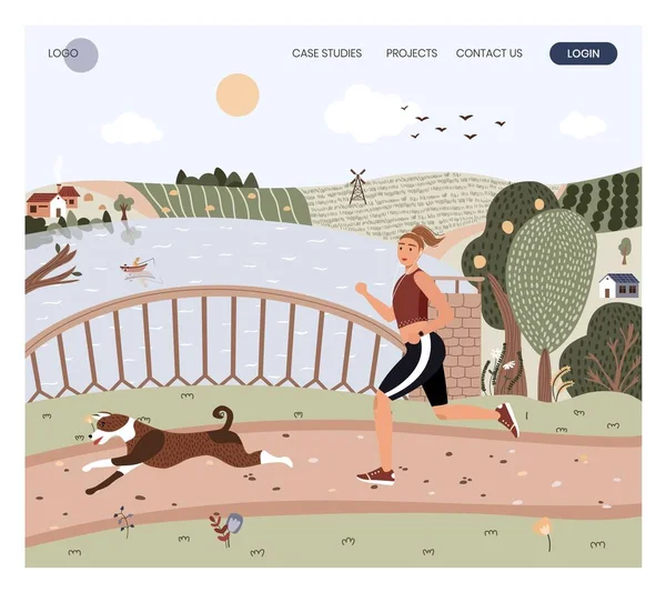 Femeia tânără în costum sportiv alerga într-un parc. Un stil de viață sănătos ilustrație. Vector șablon de design site-ul web. Femeie cu exerciții pentru căști și alerga în peisajul rural în aer liber — Vector de stoc