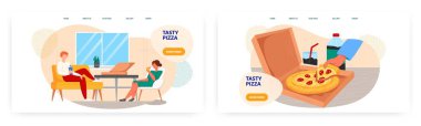 Çift büyük pencerenin önünde pizzanın tadını çıkarıyor. Kutuda pizza dilimi ve bir bardak soda. Fast food konsepti çizimi. Vektör web sitesi tasarım şablonu