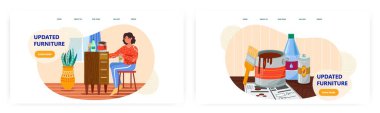 Kadınlar eski mobilyaları onarmak için renk boyası kullanır. İç tasarım konsepti çizimi. Vektör web sitesi tasarım şablonu. Ev ve mobilya dekorasyonu yapan kadın.
