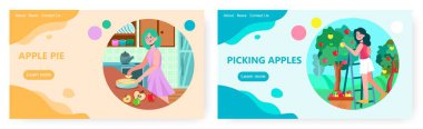 Kadın, bahçe ağacından elma topluyor. Kadın ev mutfağında elmalı turta pişiriyor. İllüstrasyon kavramı. Vektör web sitesi tasarım şablonu
