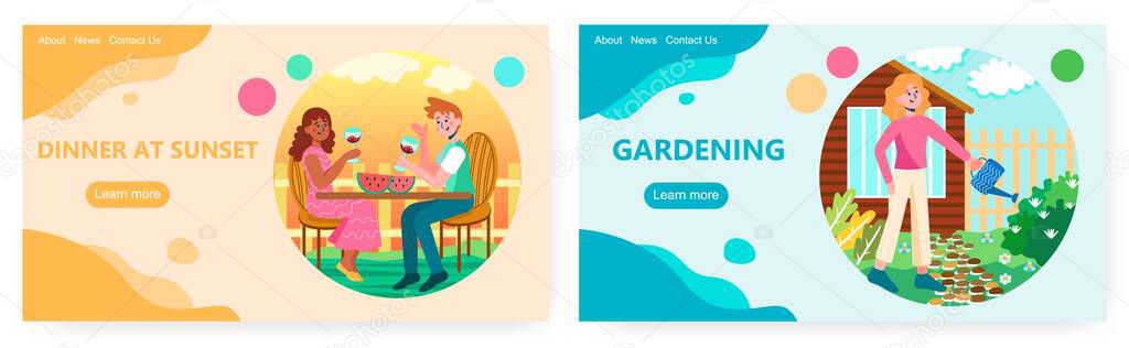 Couple having romantic dinner and drinking wine on sunset. Love and date concept illustration. Vector web site design template. Woman watering flowers in the garden outside house