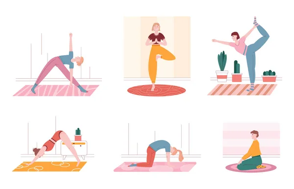 Erkek ve kadın karakterler egzersiz yapıyor ve yoga pozisyonunda kalıyorlar. Esneyen, spor yapan, yoga yapan, spor yapan insanların vektör çizimleri. Sağlıklı yaşam tarzı — Stok Vektör