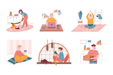 Günlük yaşam rutin durumlarının vektör kümesi. Evde kadın ve erkek hayatı, soyutlanmış karakter çizimleri. Yoga ve meditasyon, kitap okumak, dizüstü bilgisayarla çalışmak, elektrikli süpürge, kahve.