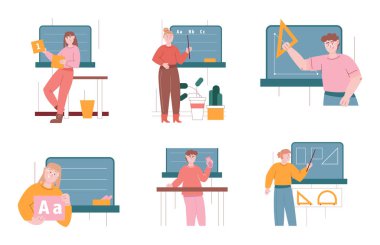 Erkek ve kadın öğretmenler okulda tahtanın yanında kalırlar. Kadın ve erkek öğretmenler vektör illüstrasyonu. İlkokul, matematik, geometri, kimya, dil bilgisi