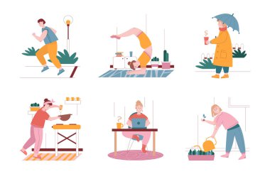 Günlük rutin durumlardaki kadın ve erkek karakterler. İnsanların günlük boş zamanlarını ve çalışma aktivitelerini temsil eden bir illüstrasyon. Egzersiz ve yoga, dizüstü bilgisayarla çalışmak, mutfakta yemek yapmak, koşmak.