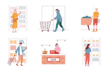 Süpermarkette vektör seti. Kadın ve erkek karakterler market satın alır. İzole bir illüstrasyon. Kadın kozmetik ürünlerini raflardan alıyor. Veznedar, kasiyer.