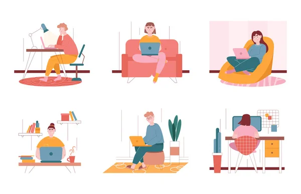 Personaggi uomini e donne che lavorano con il laptop a casa. Insieme di illustrazione vettoriale di persone freelance lavorano con il computer in condizioni confortevoli a casa. Scrivania per ufficio, divano, sedia come posto di lavoro — Vettoriale Stock