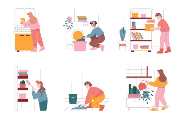 Personagens de homem e mulher limpam a casa e fazem trabalho doméstico. Conjunto de ilustração vetorial de pessoas limpando casa, polvilhar, lavar roupas. Trabalho doméstico, lavandaria, máquina de lavar roupa — Vetor de Stock