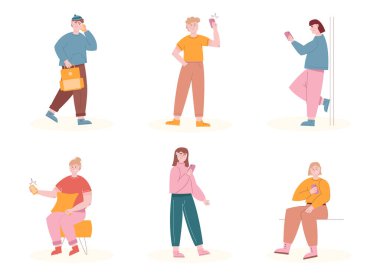 Farklı durumlarda cep telefonu kullanan kadın ve erkek karakterler. Akıllı telefonları olan gençlerin vektör çizimi. Mutlu kızlar ve erkekler telefon kullanıyor. Öğrenciler okulda çevrimiçi kalırlar.