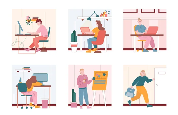 Man and woman characters work with laptop computers in office. Vector illustration set of people in workplace at home. Pupils do homework in school and at home. Man put stickers to scrum board — Stock Vector