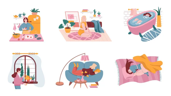 Conjunto vectorial de situaciones cotidianas de rutina. Vida de mujer en casa, ilustración de personajes aislados. Cocinar en la cocina, yoga y meditación, tomar un baño, plantas caseras, leer un libro en el sofá, dormir — Archivo Imágenes Vectoriales