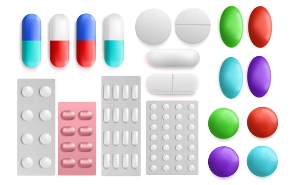 Vektor uppsättning av vitamin piller och tablett 3D-modeller isolerade på vit bakgrund. Medicin och läkemedel illustration. Mockup och realistisk mall för droger blister. Färgglada antibiotika piller — Stock vektor