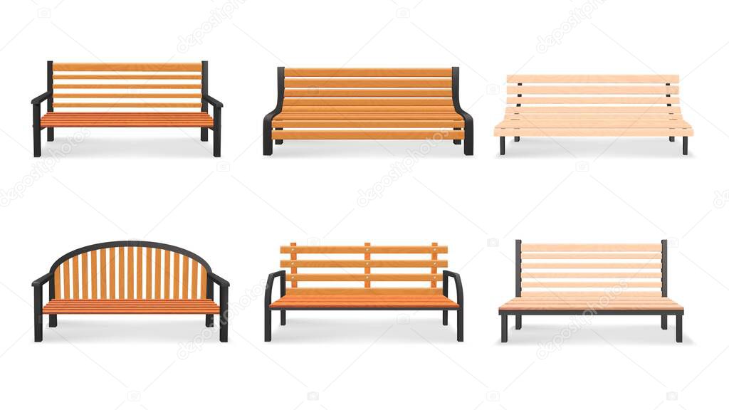 Vector set of wooden bench 3d models isolated on white background. Bench in a park illustration