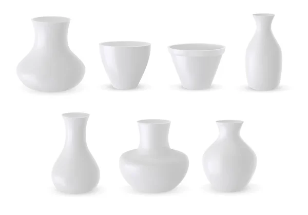 Set vettoriale di modelli in ceramica 3d isolati su sfondo bianco. Vasi in ceramica bianca illustrazione realistica. Mockup vaso fiore — Vettoriale Stock