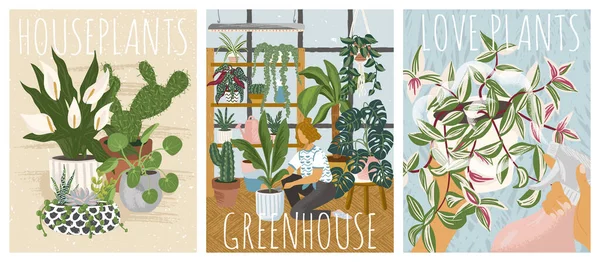 Casa plantas ilustração vetorial. Casa com flores e plantas decoração de interiores. Mulher jardinagem e crescer plantas de sala em casa — Vetor de Stock