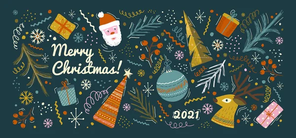 Mutlu Noeller ve mutlu yıllar tebrik kartı ve geçmiş şablonu. Eski tarz kış tatili illüstrasyonları. Noel ağacı ve oyuncaklar, Noel Baba. 2021 yılbaşı el çizimi poster