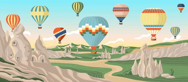 Globos de aire caliente sobre Capadocia rocas paisaje. Viaje de aventura en Turquía concepto de ilustración vectorial. Vacaciones de verano, viaje en globo aéreo — Vector de stock