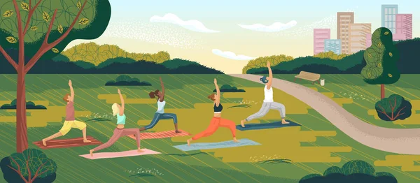 Outdoor yoga lessen in het stadspark. Yoga oefening concept vector illustratie. Jonge vrouwen trainen samen met mannelijke instructeur, stripfiguren. Gezonde levensstijl, sportactiviteiten — Stockvector