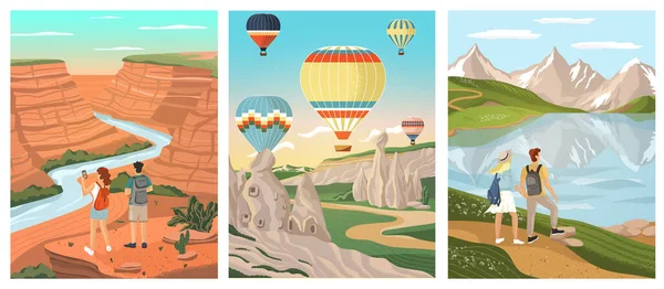 Outdoor landscapes with backpacking couple. Man and woman travel around the world famous nature landmarks. Vector set illustrations. Mountain lake, Grand Canyon, air ballons over Cappadocia in Turkey — Stock Vector