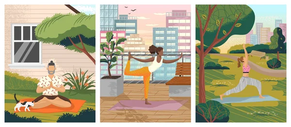 İnsanlar şehir parkında, balkonda ya da arka bahçede yoga egzersizi yapıyorlar. Sağlıklı yaşam tarzı konsept vektör çizimi. Adam avlusunda meditasyon yapıyor. Genç kız yoga pozisyonunda dengesini koruyor. — Stok Vektör