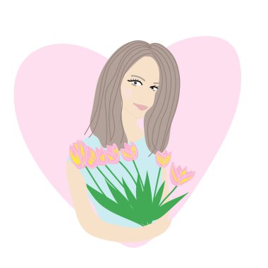 Çiçek vektör çizimi olan güzel bir kız. Kız ve laleler.
