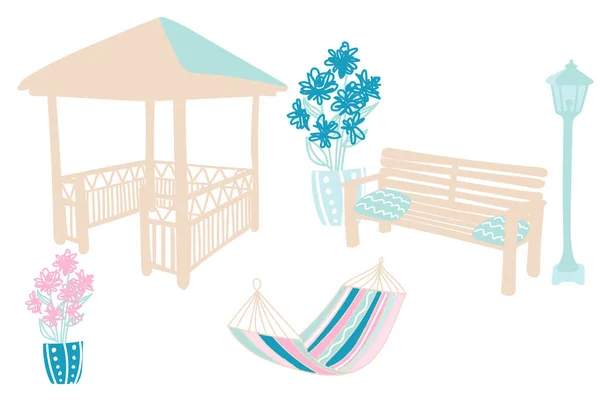 Eléments Jardin Illustration Vectorielle Doodle Gazebo Banc Lanterne Hamac Fleurs — Image vectorielle