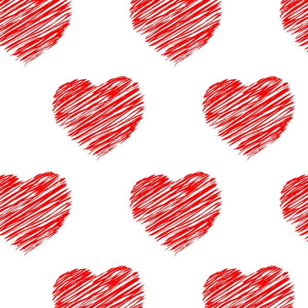 手描きの赤いハートで愛のパターンを繰り返します 落書きブラシデザイン ベクターイラスト — ストックベクタ