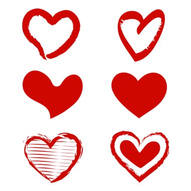 Beyaz Arkaplan 'a izole edilmiş fırçayla boyanmış yaratıcı kırmızı kalpler. Farklı Şekil ve Doku. Vektör İllüstrasyonu