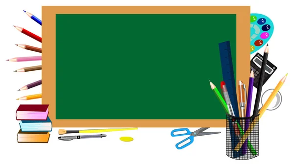 Back School Banner Chalkboard Office Supplies Isolated White Background Realistic — Stock Vector