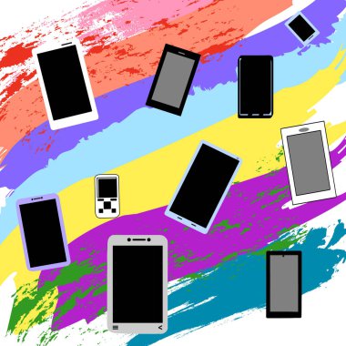 Gökkuşağı Arkaplanı 'nda akıllı telefonlar olan Parlak Teknoloji Geçmişi. Tekrarlayan Vektör İllüstrasyonu