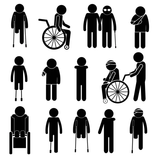 Handicapped People Society Reabilitation Process Concept Stick Figure Pictogram Icon — Stock Vector