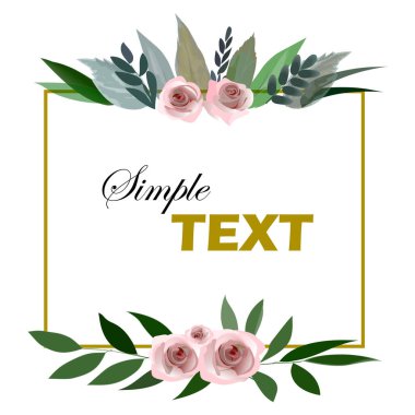 Beyaz Arkaplanda Gül Çiçeği ve Yeşillik dalları olan zarif çiçek çerçevesi. Moda Düz Tasarım. Vektör İllüstrasyonu