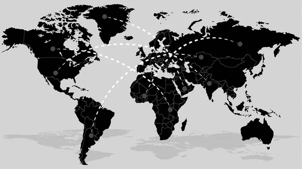 Mapa Globo Negro Aislado Sobre Fondo Gris Con Líneas Conexión — Archivo Imágenes Vectoriales