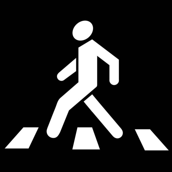 Пешеходный знак "Пешеходный переход" с мужским силуэтом, изолированным на черном фоне. Векторная миграция