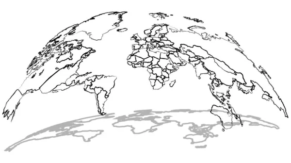 フリーハンドグローブマップアウトライン白背景に影が描かれています ペンシル スケッチ ベクターイラスト — ストックベクタ