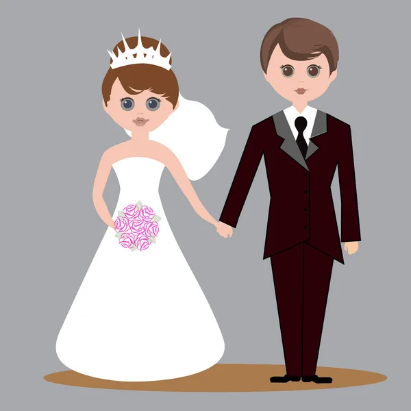 Nur Eheleute Halten Händchen Hübsches Mädchen Hochzeitskleid Hübscher Junge Anzug — Stockvektor