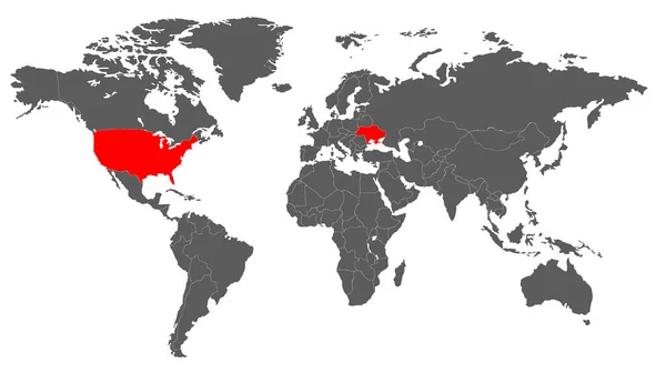 灰球地图与美国和乌克兰的彩色红色背景相分离 平面设计矢量示意图 — 图库矢量图片