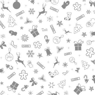 Beyaz Arkaplanda İzole Edilmiş Mevsimsel Dekorasyon Elementi ile Noel Şablonu tekrarlanıyor. Tek Renkli Vektör İllüstrasyonu