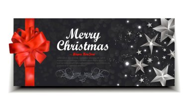 Gümüş Yıldızlar ve Gerçekçi Kırmızı Yay ve Mutlu Noel Mektuplarıyla Şık Mevsimlik Başlık. Vektör İllüstrasyonu