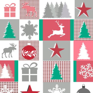 Düz Tasarımda Noel Dekorasyonu. Mevsimlik Çıkartma Seti. Vektör İllüstrasyonu