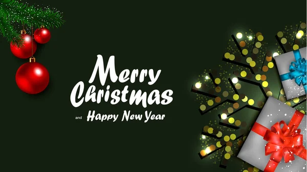 Gerçekçi Çam Ağacı Dalları ve Mevsimsel Dekorasyon Elemanlarıyla Lüks Noel Afişi. Mutlu Noeller ve Mutlu Yıllar Mektupları. 3B Vektör İllüstrasyonu
