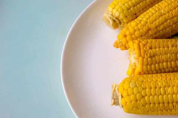 Kukorica Használata Ételekben Fehérje Diéta Forralt Fülek Csemegekukorica Közelkép Egy — Stock Fotó