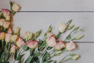 Bir davetiye veya kartpostal için güzel sanatlar tarzında beyaz ve pembe övgü çiçeklerinden yapılmış bir çerçeve. Pastel renklerde metin ve kopyalama alanı olan beyaz tahta bir arkaplanda Eustoma çiçekleri.