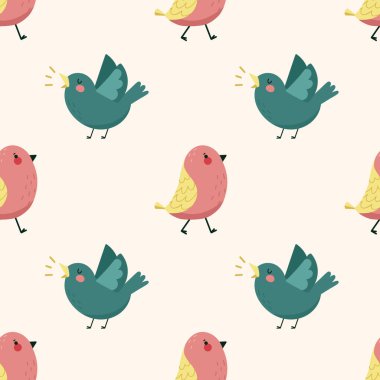 Mavi ve pembe kuşların oluşturduğu kusursuz bir model. Kumaş, tekstil, duvar kağıdı, arkaplan için vektör izi.