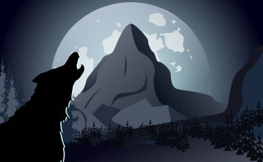 Ay ve dağların arka planında uluyan bir kurdun olduğu gece manzarası. Poster ya da kitap kapağı için tasarım şablonu.