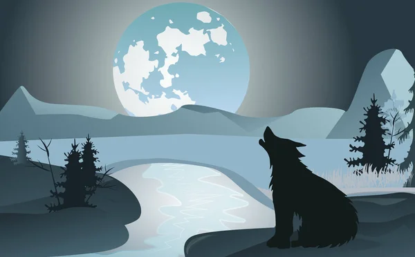 Nächtliche Landschaft Mit Einem Heulenden Wolf Vor Dem Hintergrund Des — Stockvektor
