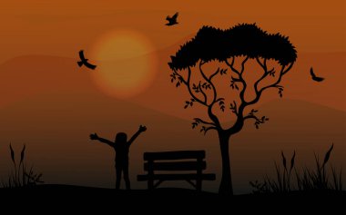 Parktaki banklı mutlu bir çocuğun silueti. Ağaçlar ve kuşlar. Seyahat ya da safari afişi, poster tasarımı, masaüstü için kullanılabilir..