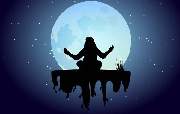 Силуэт Молодой Женщины Практикующей Йогу Фоне Ночного Неба Большой Луны — стоковый вектор